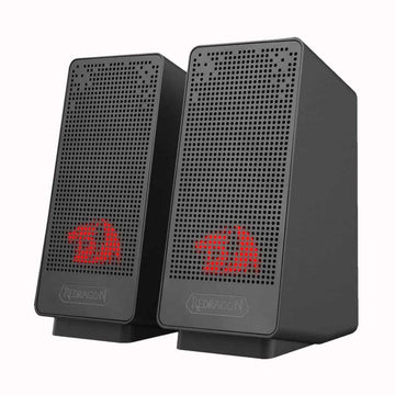 Pair of black Redragon GS513 Ranch speakers with red illuminated logos