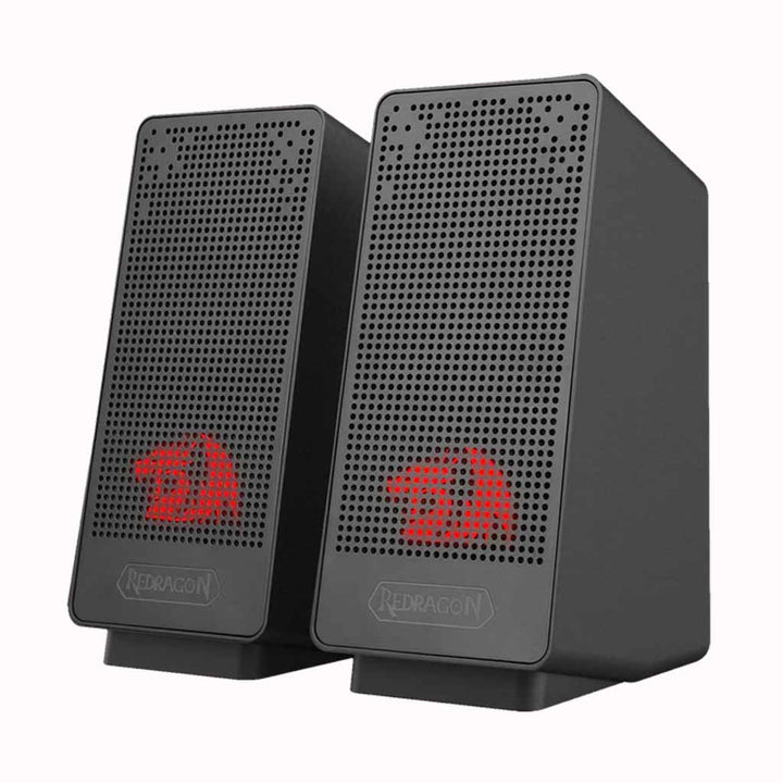 Pair of black Redragon GS513 Ranch speakers with red illuminated logos