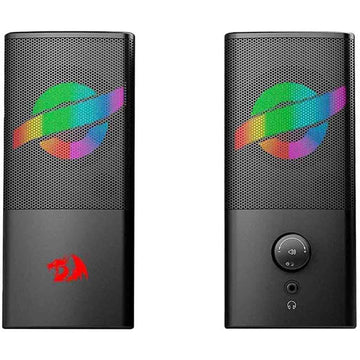 Black computer speakers with colorful logo on a white background
