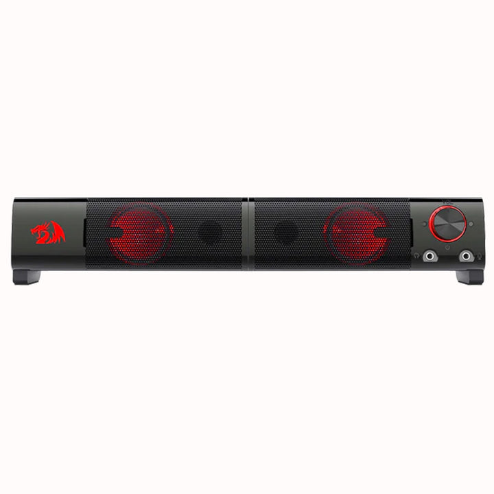 "Pair of black Redragon GS550 Orpheus gaming speakers with red backlighting and a prominent volume knob