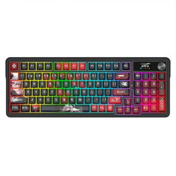 The keyboard is black with vibrant, multi-colored RGB backlighting. It has a full QWERTY layout with a numeric keypad on the right. 