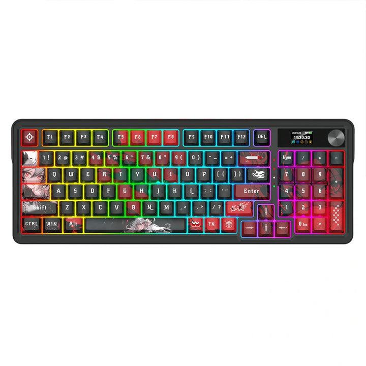 The keyboard is black with vibrant, multi-colored RGB backlighting. It has a full QWERTY layout with a numeric keypad on the right. 