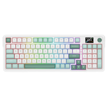 A white wireless mechanical keyboard with multi-color keycaps and a small digital screen.