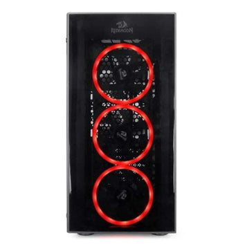 Black Redragon gaming PC case with a clear front panel showcasing three vibrant red LED cooling fans.