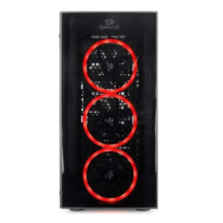 Black Redragon gaming PC case with a clear front panel showcasing three vibrant red LED cooling fans.