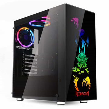 A sleek black Redragon gaming PC case with a tempered glass side
panel.