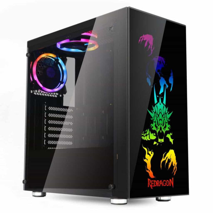 A sleek black Redragon gaming PC case with a tempered glass side
panel.
