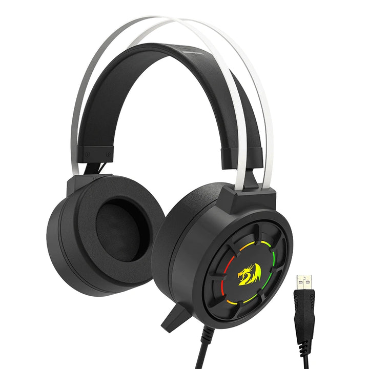 The headset features large circular earcups a suspended white headband and a flexible microphone.