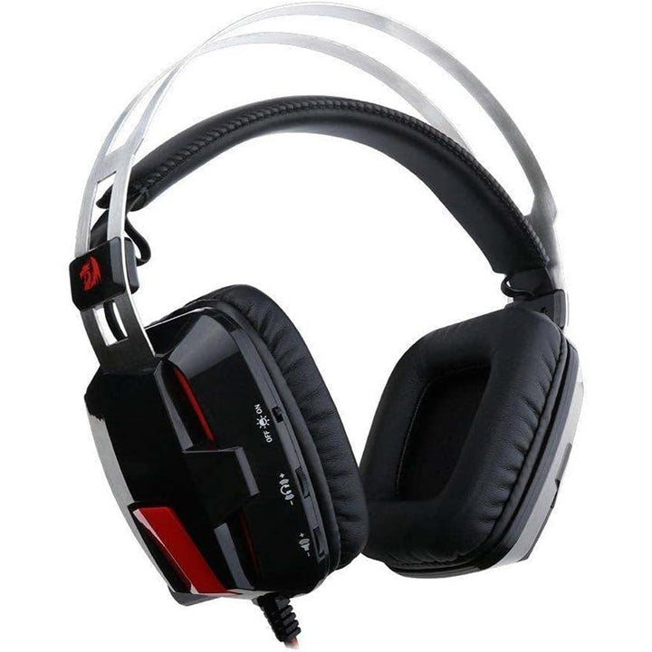Black gaming headset with red accents on a white background