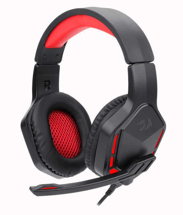 Redragon H220 Themis gaming headset, black with red earcups and headband, featuring a microphone.