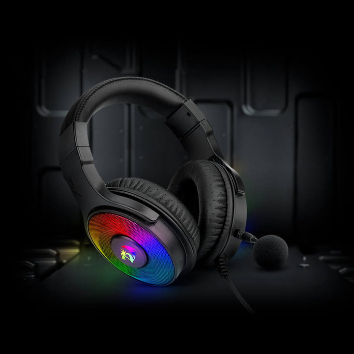 Redragon H350 Black RGB gaming headset with rainbow-illuminated earcups and a microphone.