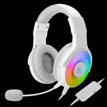 Redragon H350 White RGB gaming headset with rainbow-illuminated earcups, microphone, and inline control.