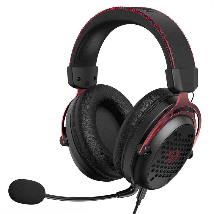 Black and red gaming headset with microphone on a white background