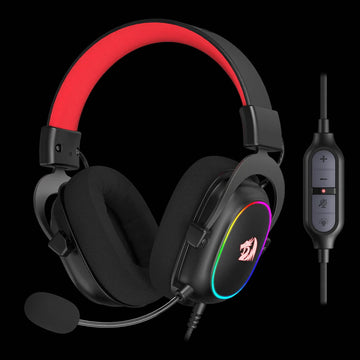 Gaming headset with RGB lighting and control panel on a black background
