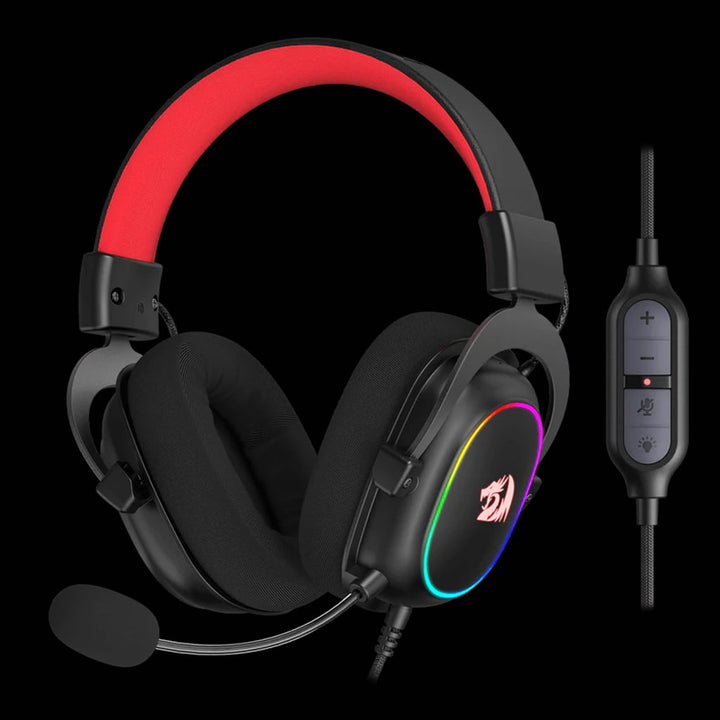 Gaming headset with RGB lighting and control panel on a black background