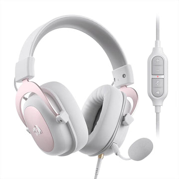 Redragon H510 Zeus white gaming headset with pink accents, microphone, and inline controls.