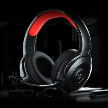 Redragon H818 Pelops black gaming headset with red headband and microphone.