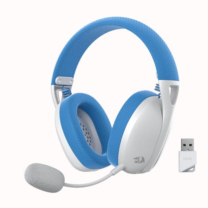 Redragon H848 blue and white wireless gaming headset with microphone and USB dongle.