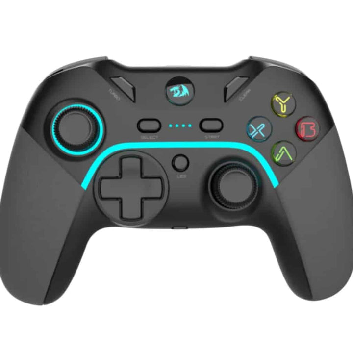 A black wireless game controller with teal and blue LED backlighting