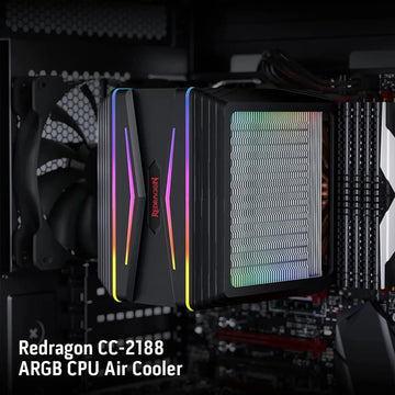 Redragon Hudur CC-2188 ARGB Dual Tower CPU Air Cooler, installed in a PC, featuring vibrant RGB lighting.