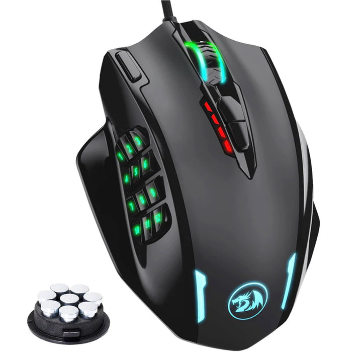 Gaming mouse with RGB lighting and additional buttons on a white background
