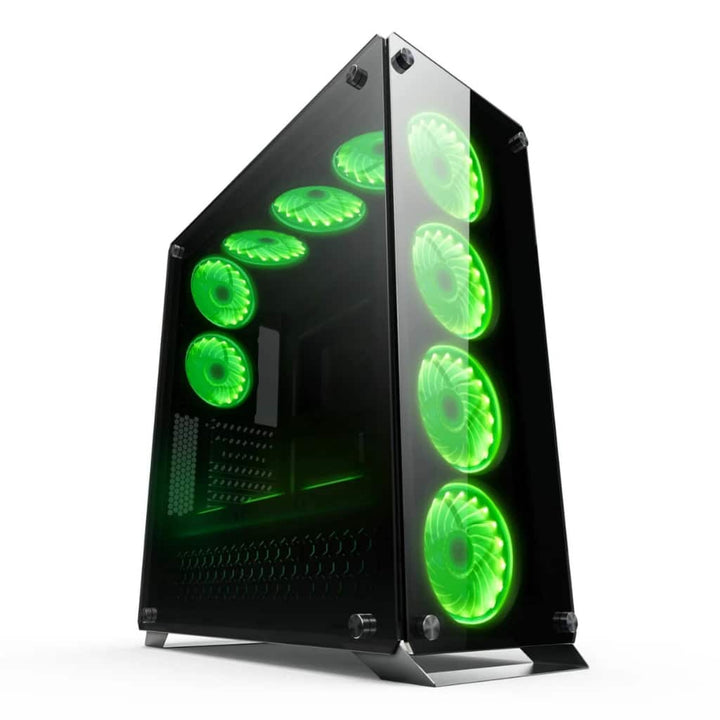 A sleek modern black PC case featuring tempered glass side and front panels.