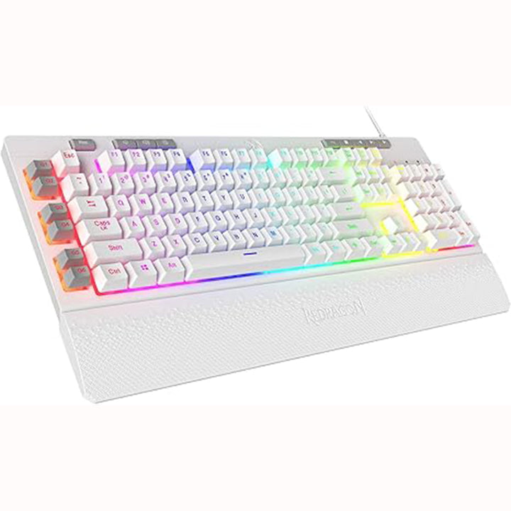 Left side view of the white Redragon K512 Shiva gaming keyboard with RGB lighting and attached wrist rest