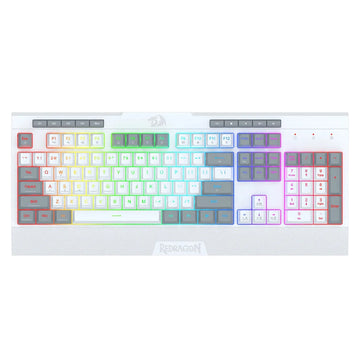White Redragon K525 Pro Shiva Lite membrane keyboard full-size layout with customizable rainbow RGB backlighting and five dedicated macro keys.