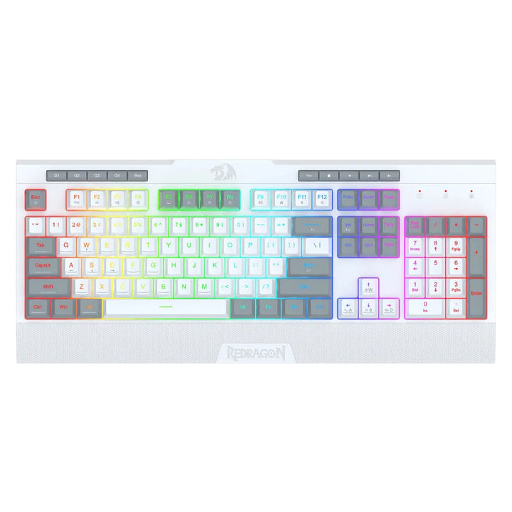 White Redragon K525 Pro Shiva Lite membrane keyboard full-size layout with customizable rainbow RGB backlighting and five dedicated macro keys.