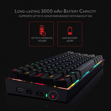 Redragon K530 Draconic mechanical keyboard with text emphasizing its 3000 mAh battery and up to 15 hours of use with backlighting