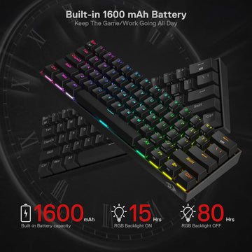 Redragon K530 Draconic Pro wireless mechanical keyboard keys in black, with text highlighting the 1600mAh built-in battery