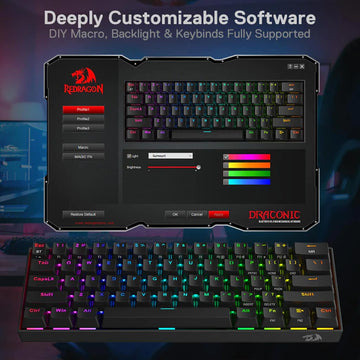 Black Redragon K530 Draconic Pro keyboard alongside its customization software, highlighting features like macro recording