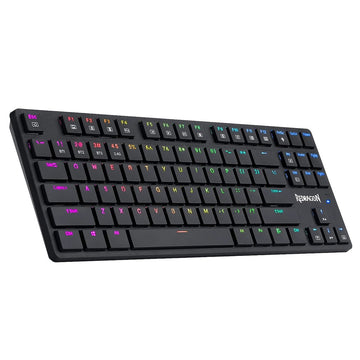 Left side angle of Redragon K539 Black Mechanical Keyboard, showing its dark design & illuminated keys with a rainbow effect