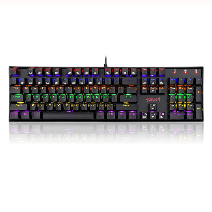 Full-layout Redragon K551 MITRA RGB keyboard, highlighting its dark keycaps and the bright glow from individual key illumination