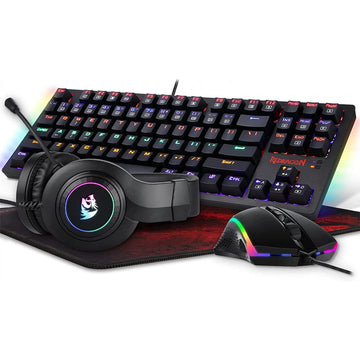 Redragon K552-BB 2 has black RGB mechanical keyboard, black RGB gaming mouse on a Redragon mouse pad & black gaming headset