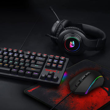 Redragon K552-BB 2 including black RGB mechanical keyboard, black RGB gaming mouse on a Redragon mouse pad & black gaming headset