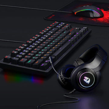 Redragon K552-BB 2 Combo, black RGB mechanical keyboard, black RGB gaming mouse on a matching mouse pad & a black gaming headset