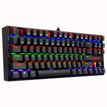 Sleek Black Redragon K552 Kumara Mechanical RGB gaming keyboard showing colorful LED lighting from the left