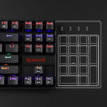 Redragon Kumara K552 keyboard, top view, with TKL layout and numpad blueprint