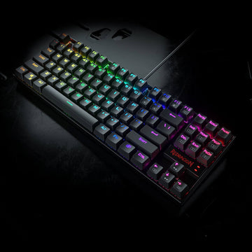 Redragon K552 Black RGB compact TKL mechanical keyboard with RGB backlighting from the top view