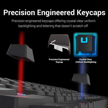 Redragon K552 Kumara RGB keyboard black, close-up on precision engineered keycaps with clear RGB backlighting