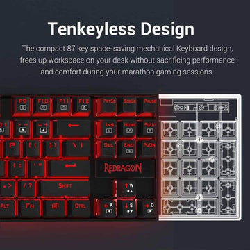 Redragon K552 Kumara RGB keyboard's right section, emphasizing its Tenkeyless Design for space-saving on your desk, with red backlighting