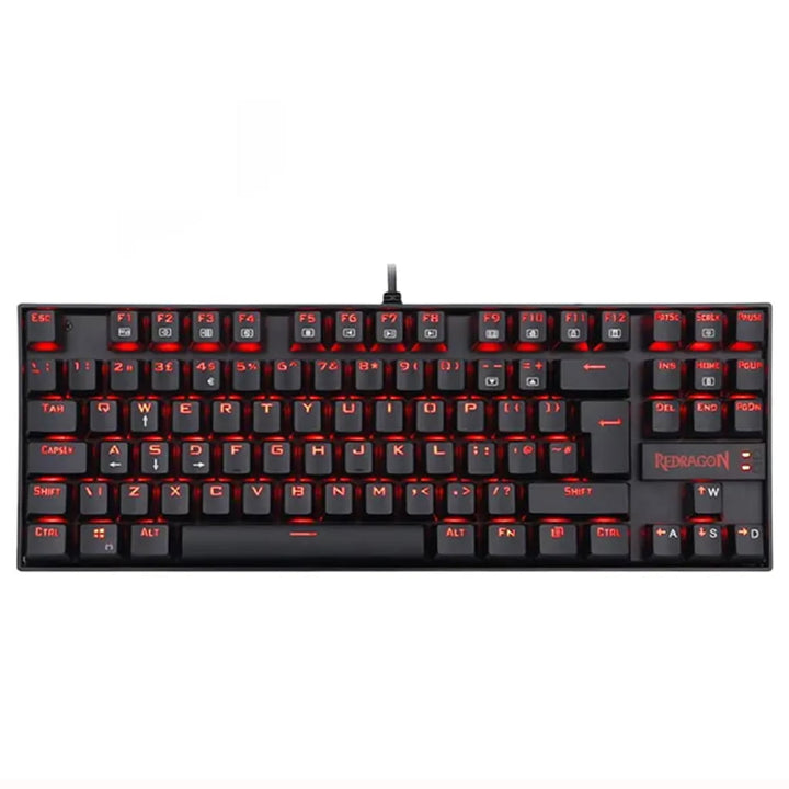 Front view of Redragon K552 Kumara TKL mechanical gaming keyboard with vibrant red LED backlighting on all keys, 