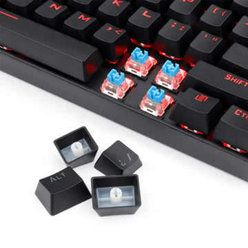 Redragon K552 Red Light Kumara RGB gaming keyboard close-up showing Outemu Blue switches
