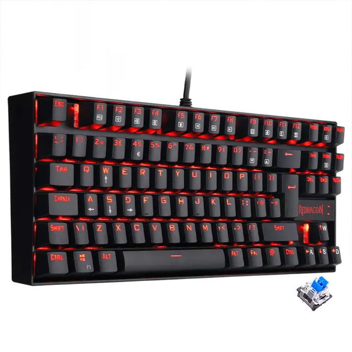 Angled view of Redragon K552 RGB mechanical gaming keyboard with Red LED backlighting with Blue mechanical switch