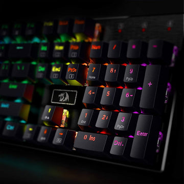 Redragon K556 Devarajas RGB Mechanical Keyboard's keys, showing vibrant, customizable RGB backlighting illuminating the legends