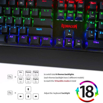 Redragon K557 Kala Gaming Keyboard highlighting dynamic multi-color RGB illumination with 6 backlight themes &18 backlight modes