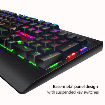 Close-up of Redragon K557 Kala RGB Backlit Wired Gaming Keyboard, highlighting its base-metal panel design and suspended key switches