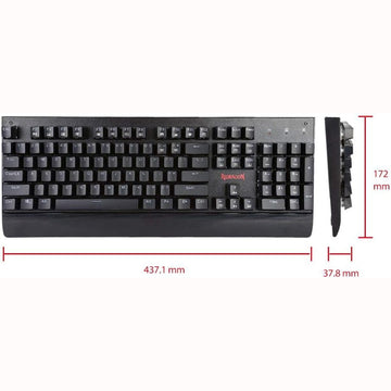 Redragon K557 Kala Keyboard showing its full layout with numeric keys with dimensions: 437.1mm length, 172mm width & 37.8mm height