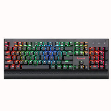 Redragon K557 Kala RGB Backlit Wired Gaming Keyboard, featuring a full-size black layout with customizable RGB lighting effects